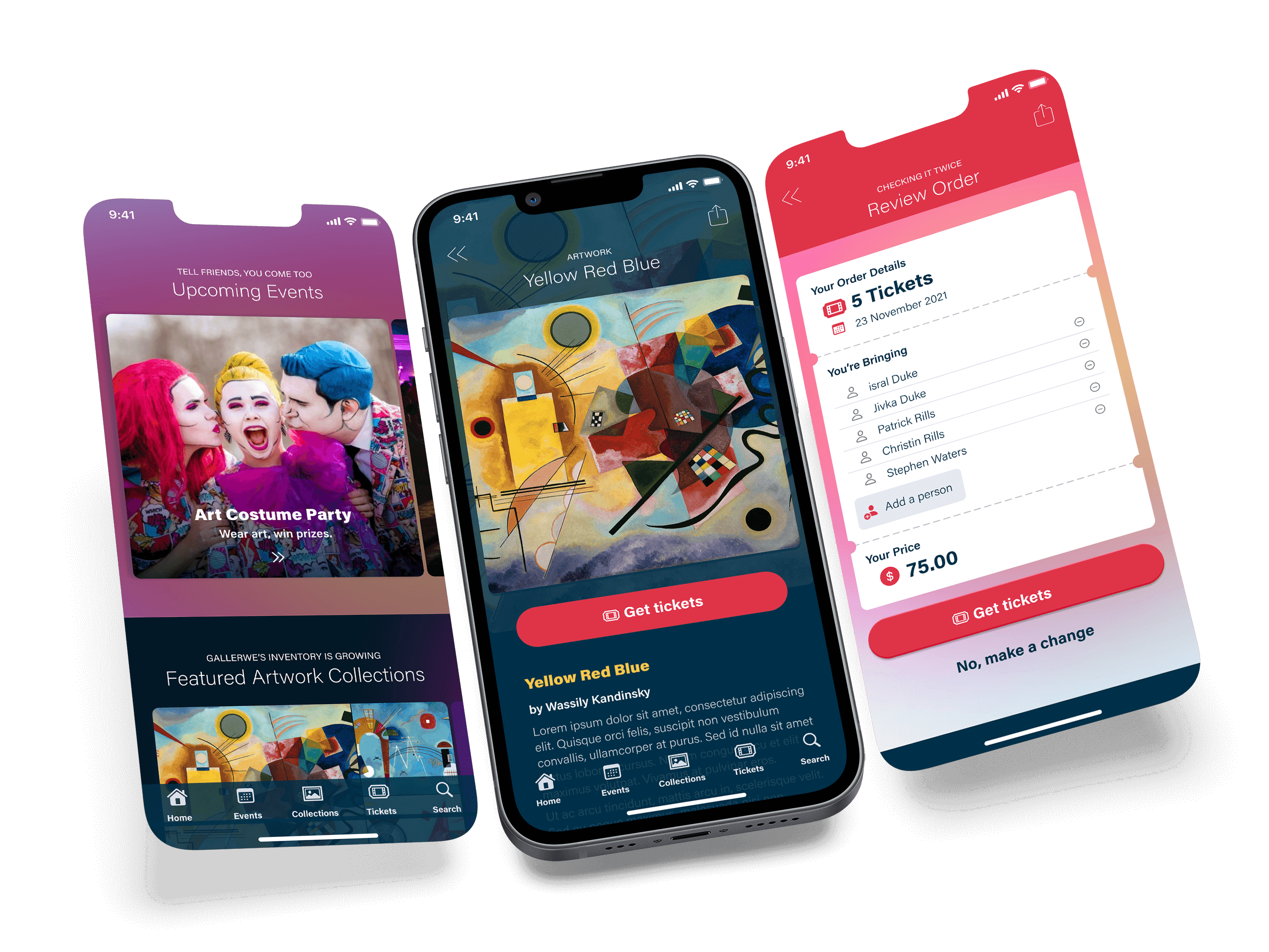 Three screens of the art gallery app showing the home, ticket purchase, and artwork collection screens.