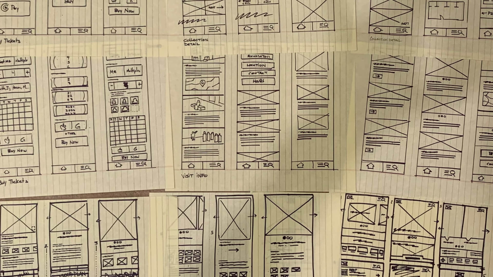 Crazy eight marker sketches for various user flows.