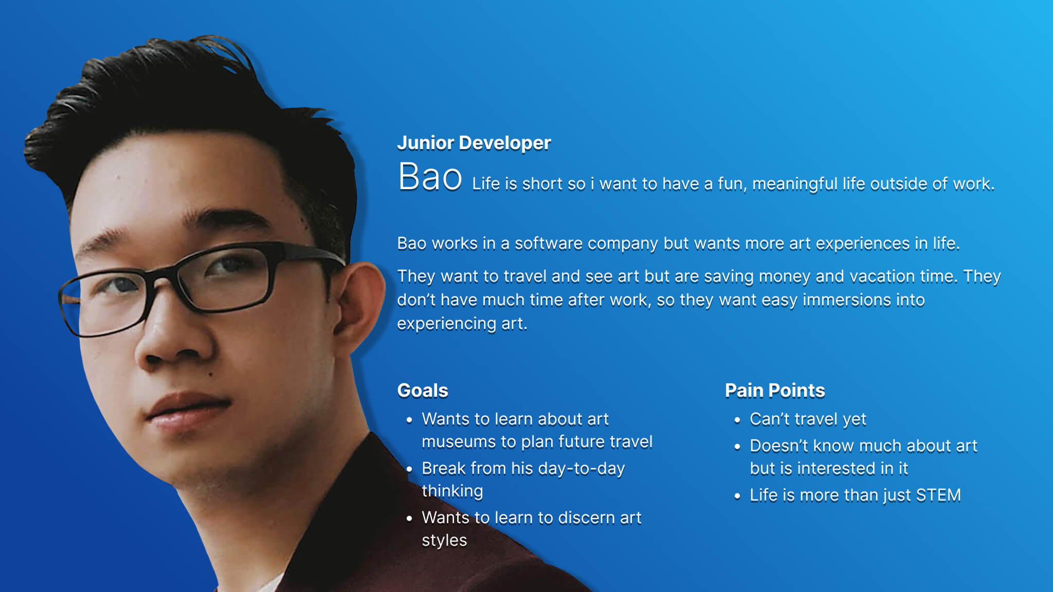 Persona card for Bao who represents users who are younger and use the app to buy tickets for themselves and others.