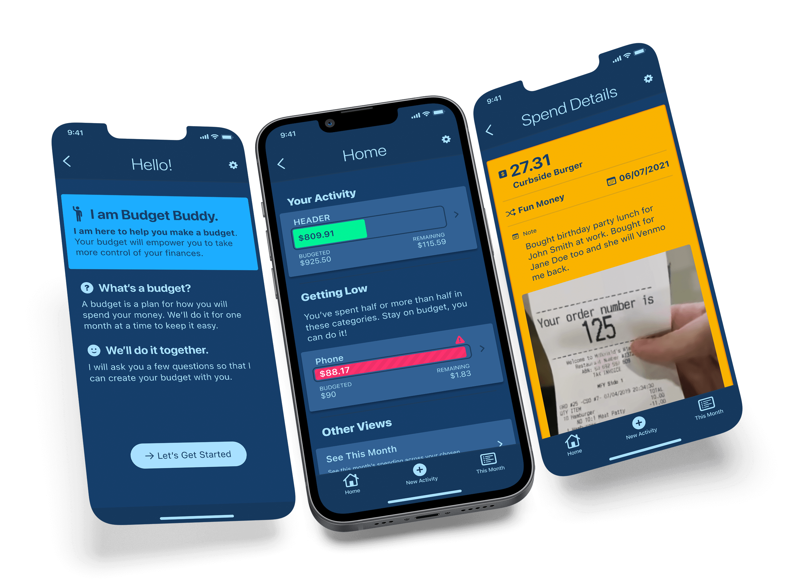 Three screens of the app showing the intro screen, the home feed, and the transactions details.