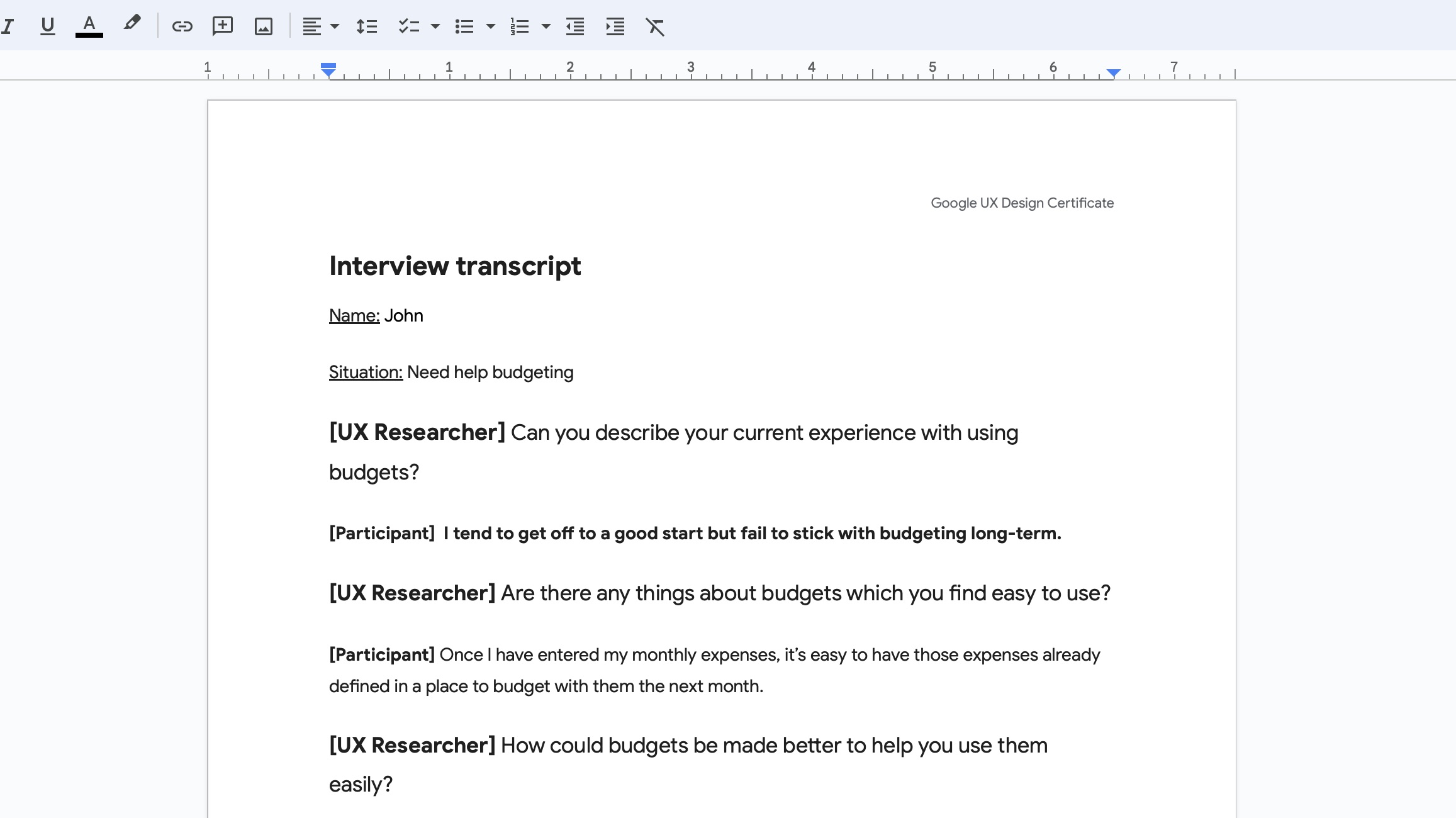 Interview transcript snippet showing some sample questions asked of John.