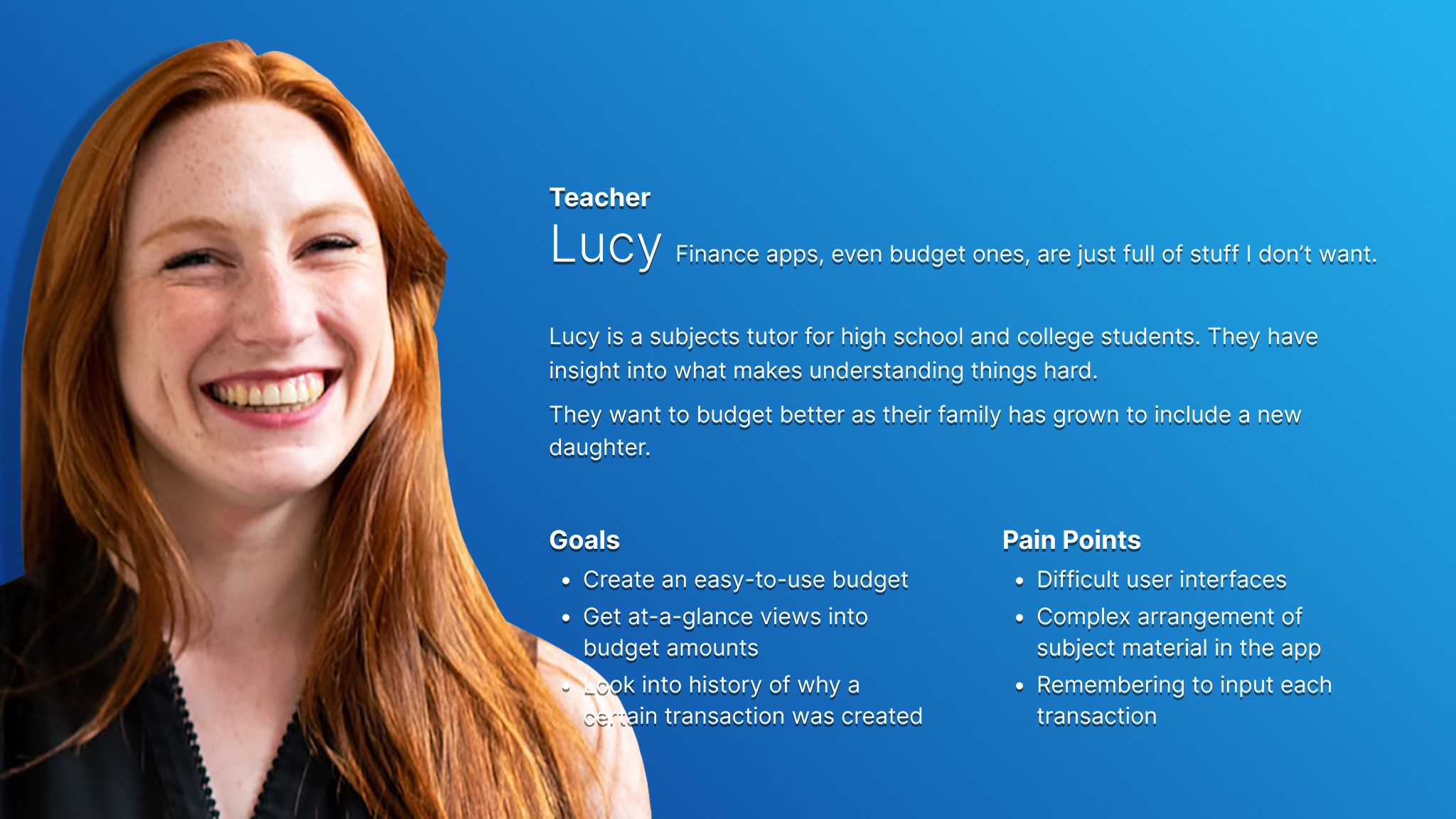 Persona card for Lucy who represents users who like budget apps but want simpler offerings.