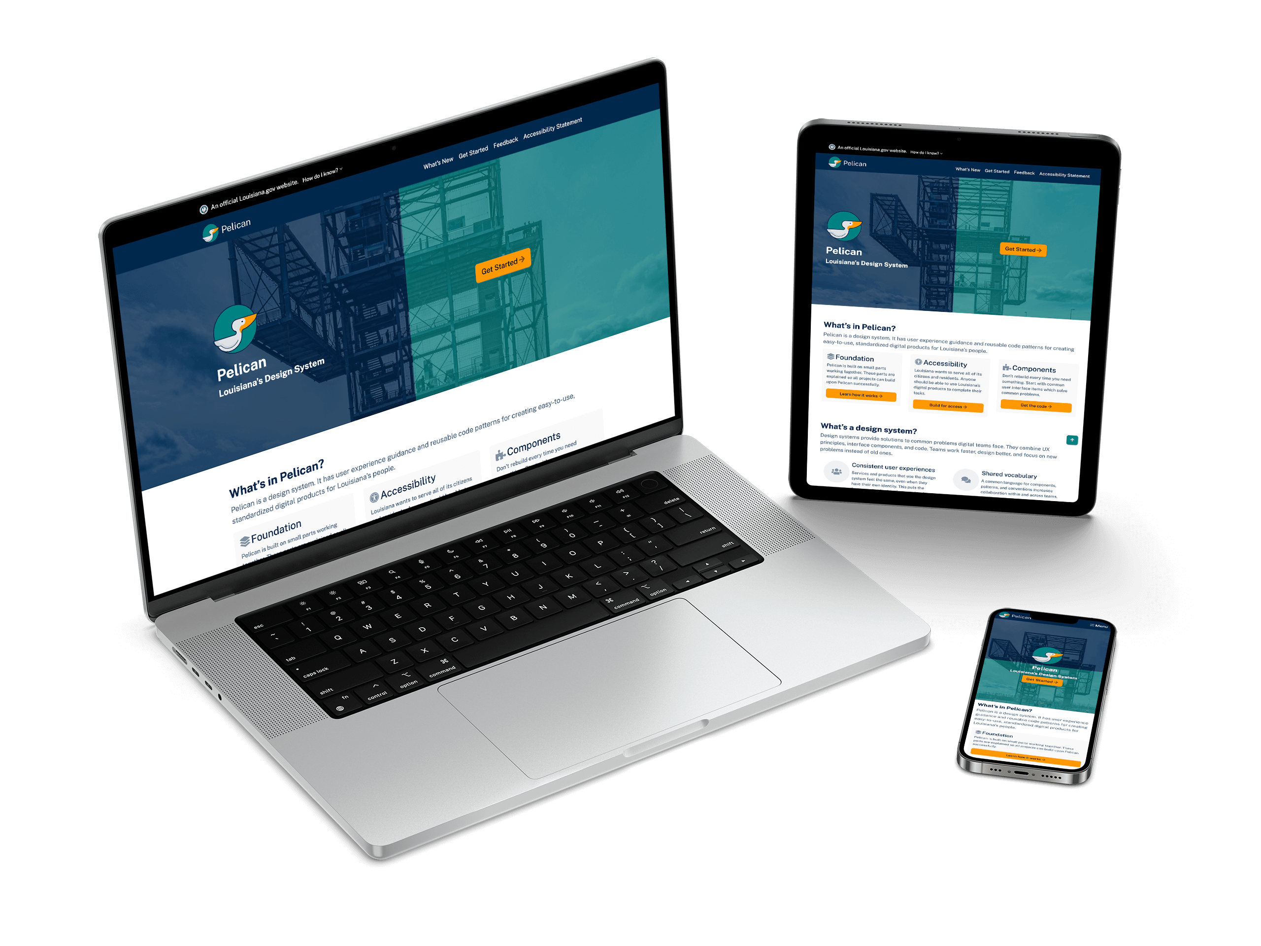 A laptop, tablet, and phone showing the design system’s home page.