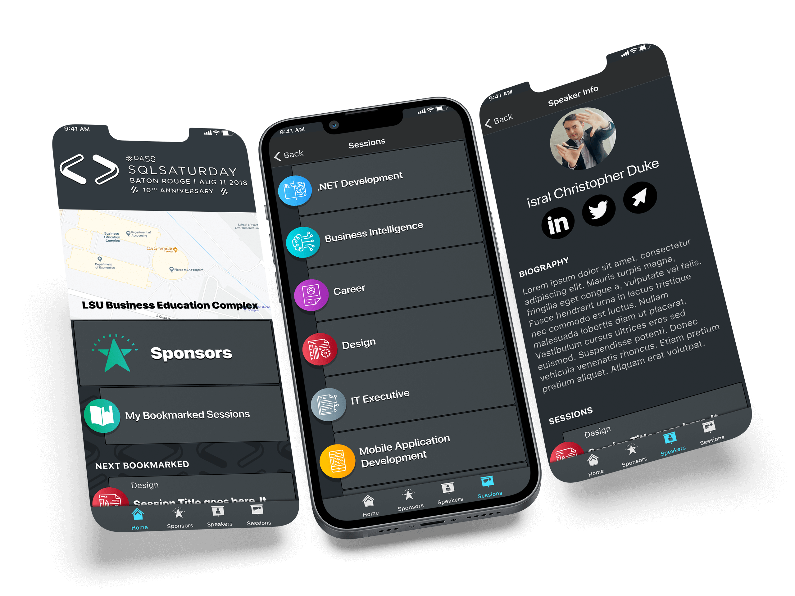Three phone screens showing the home screen, the session category list, and the speaker biography.
