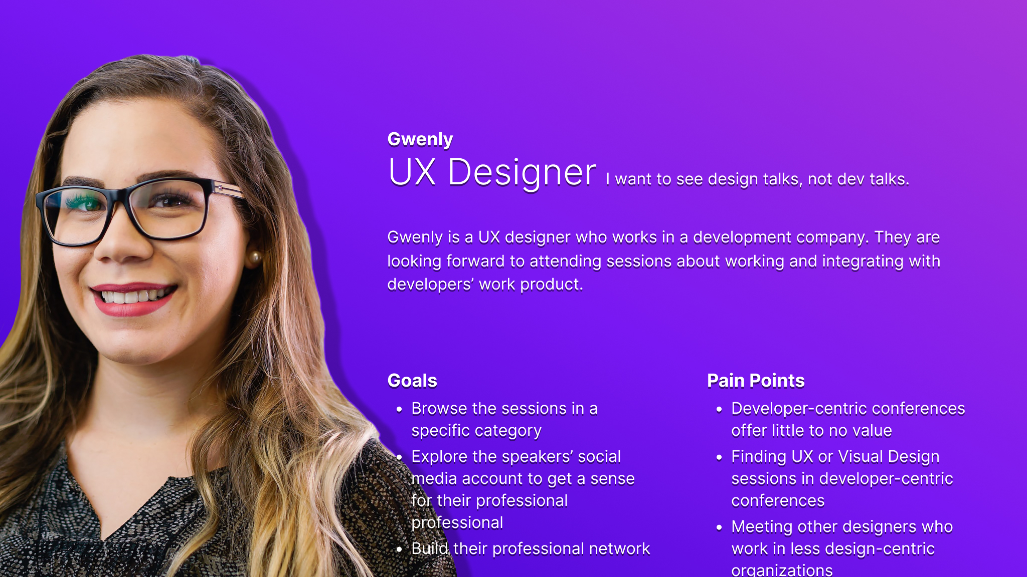 Persona card for Gwenly who represents designers and the information organization within the app.