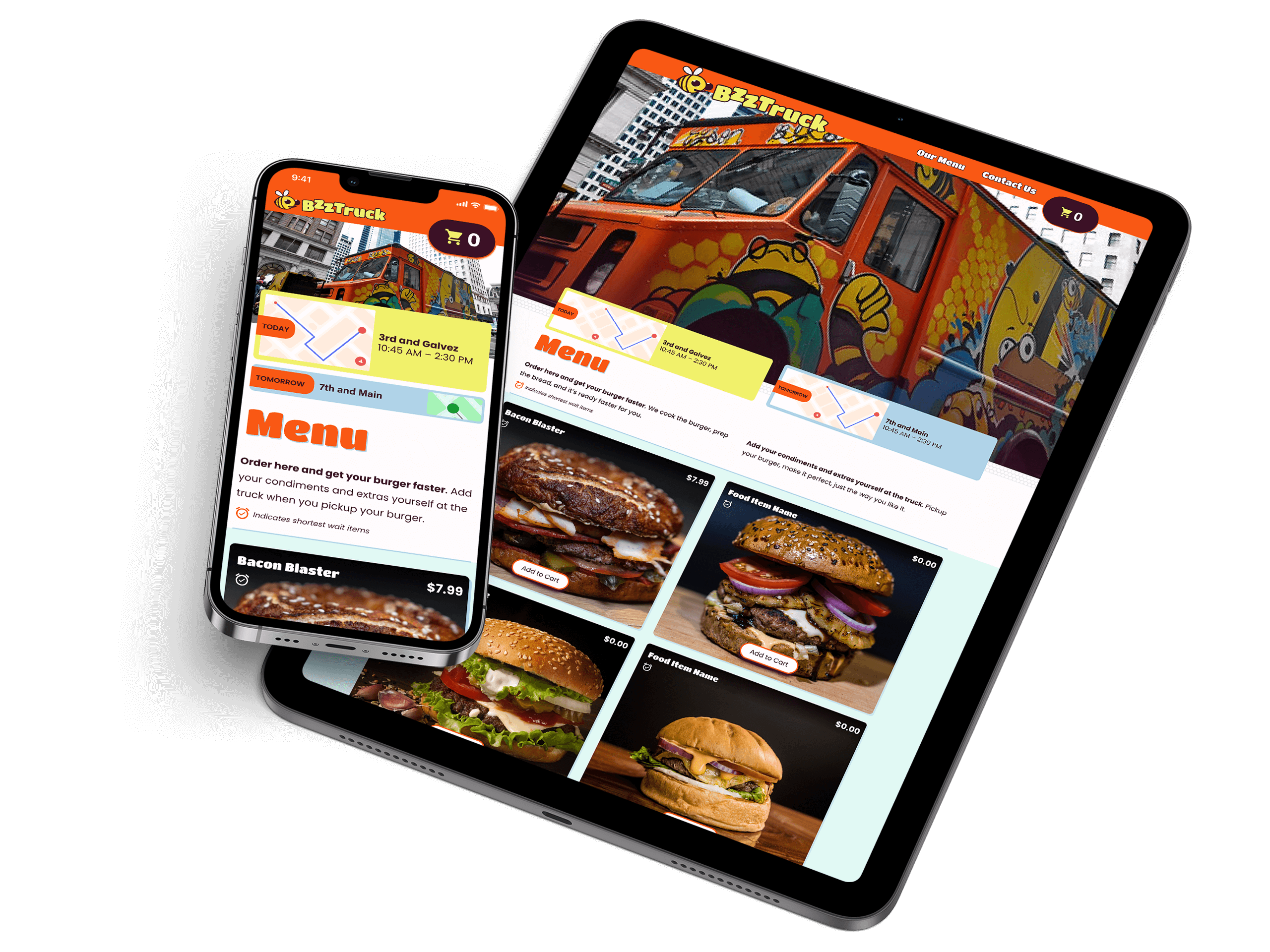A phone and tablet showing the website’s home page, featuring the food truck’s photo and the first few items on the menu.