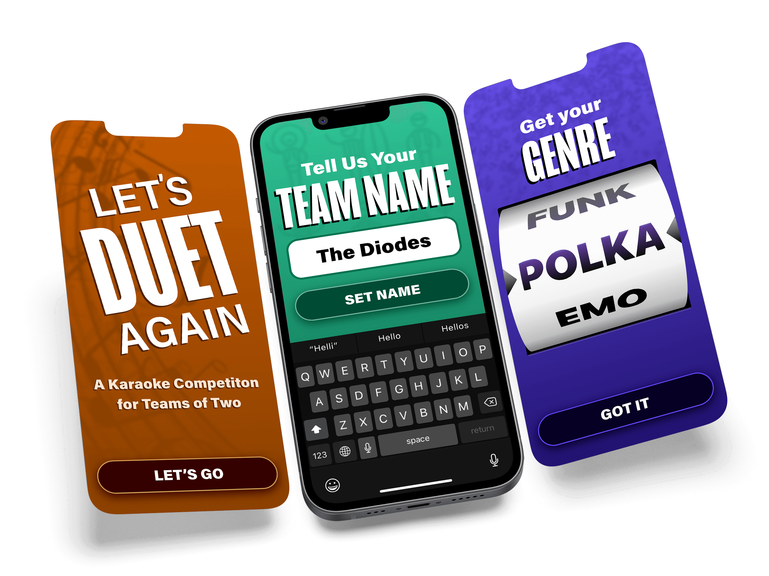 Three phone screens showing the karaoke competition app's home screen, team name submission screen, and music genre selection screen.