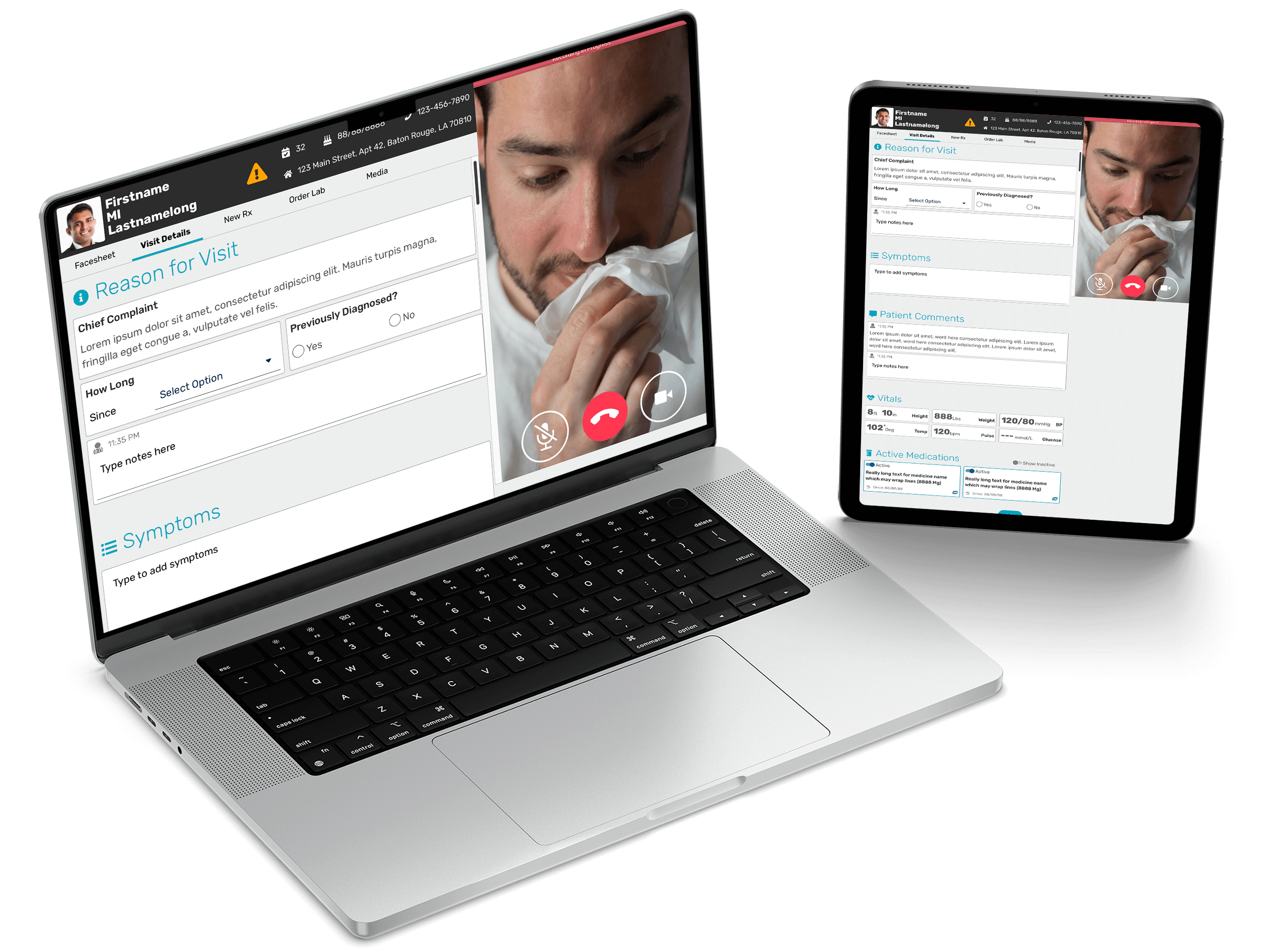 Laptop and tablet showing the nurses’s main view for a patient video call.