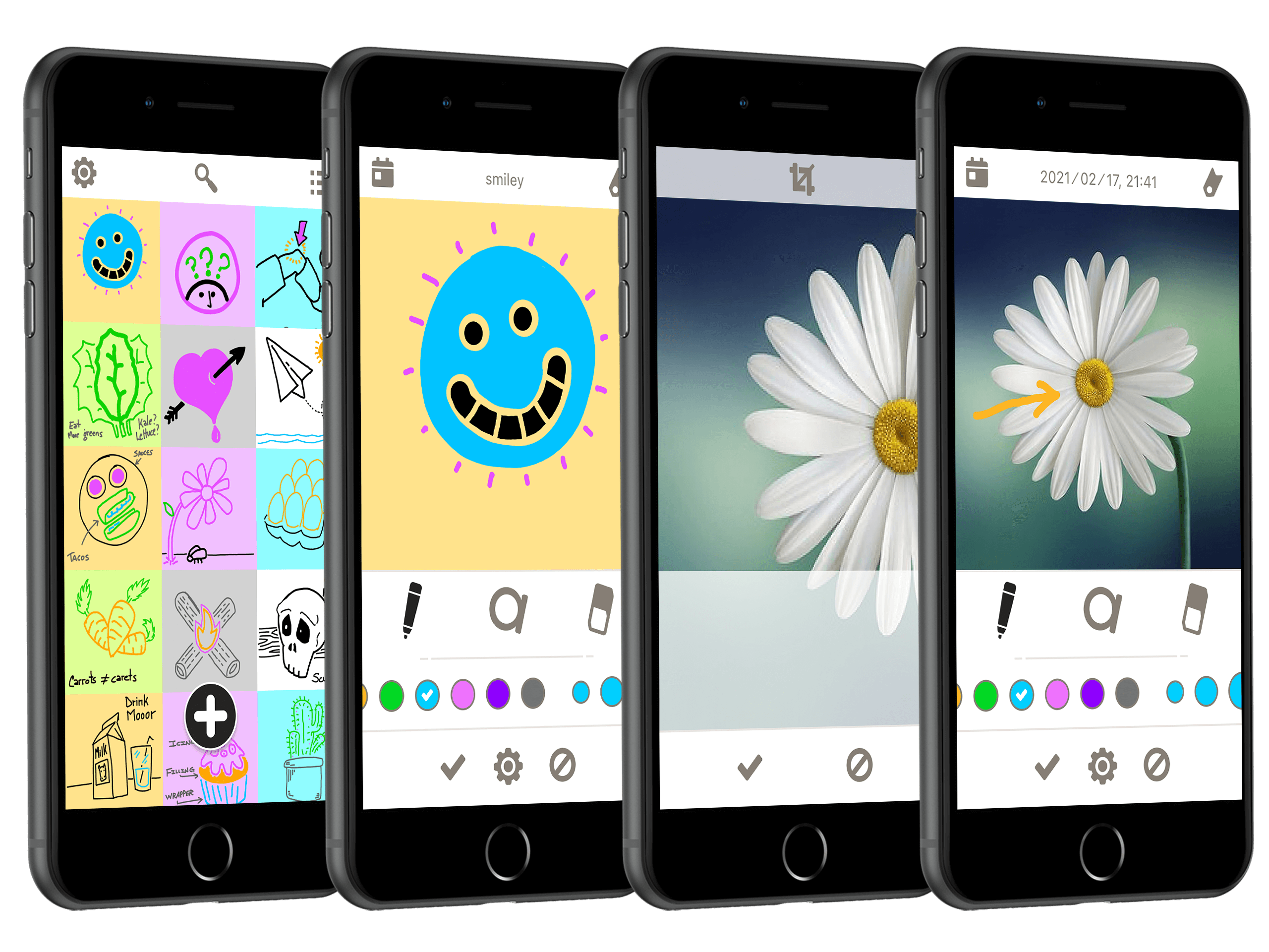 Four phone screens showing the home note grid, note editing screen, photo import, and annotation screen.
