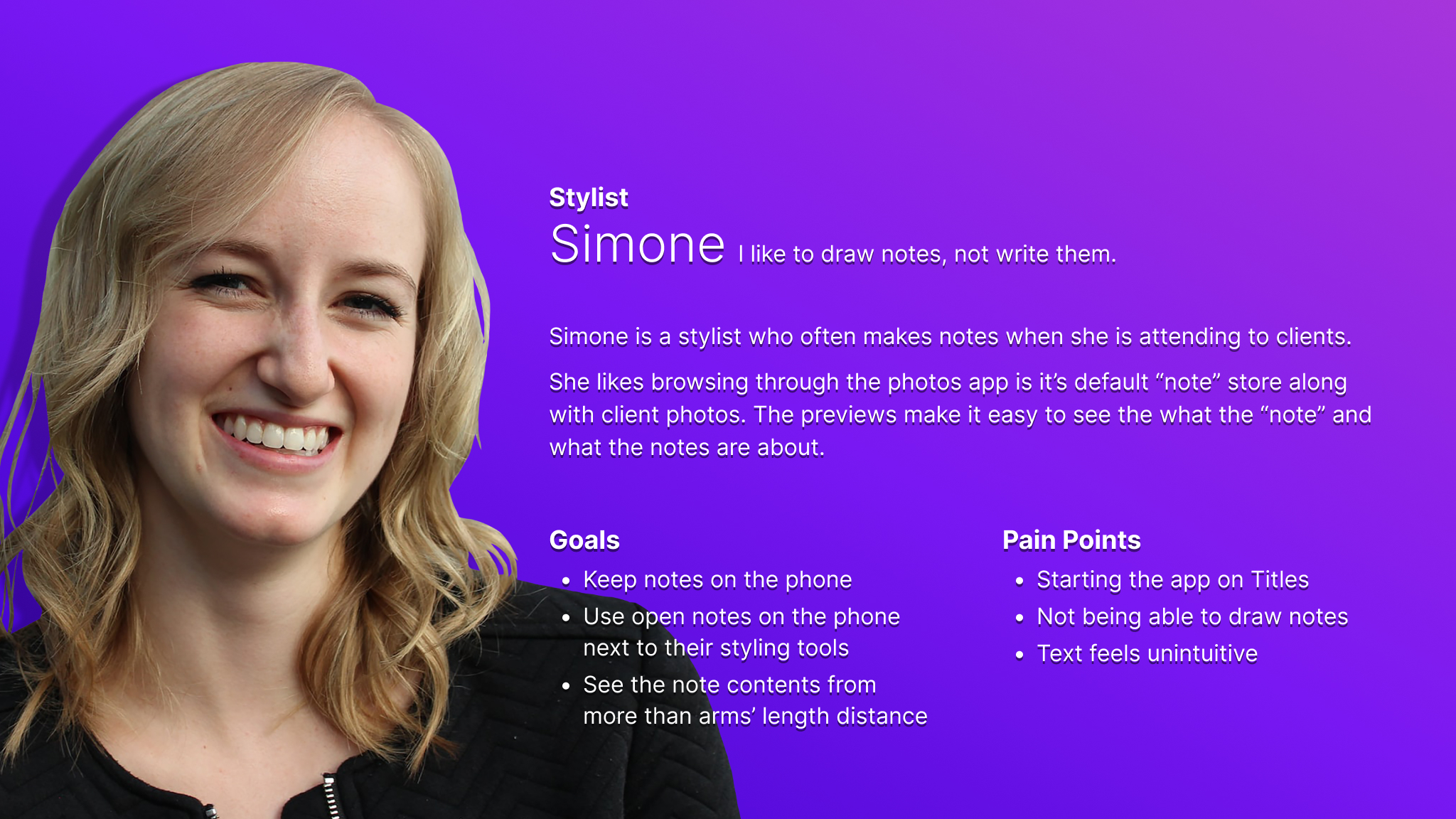 Persona card for Simone who represents users who don't have much time to create visual notes.