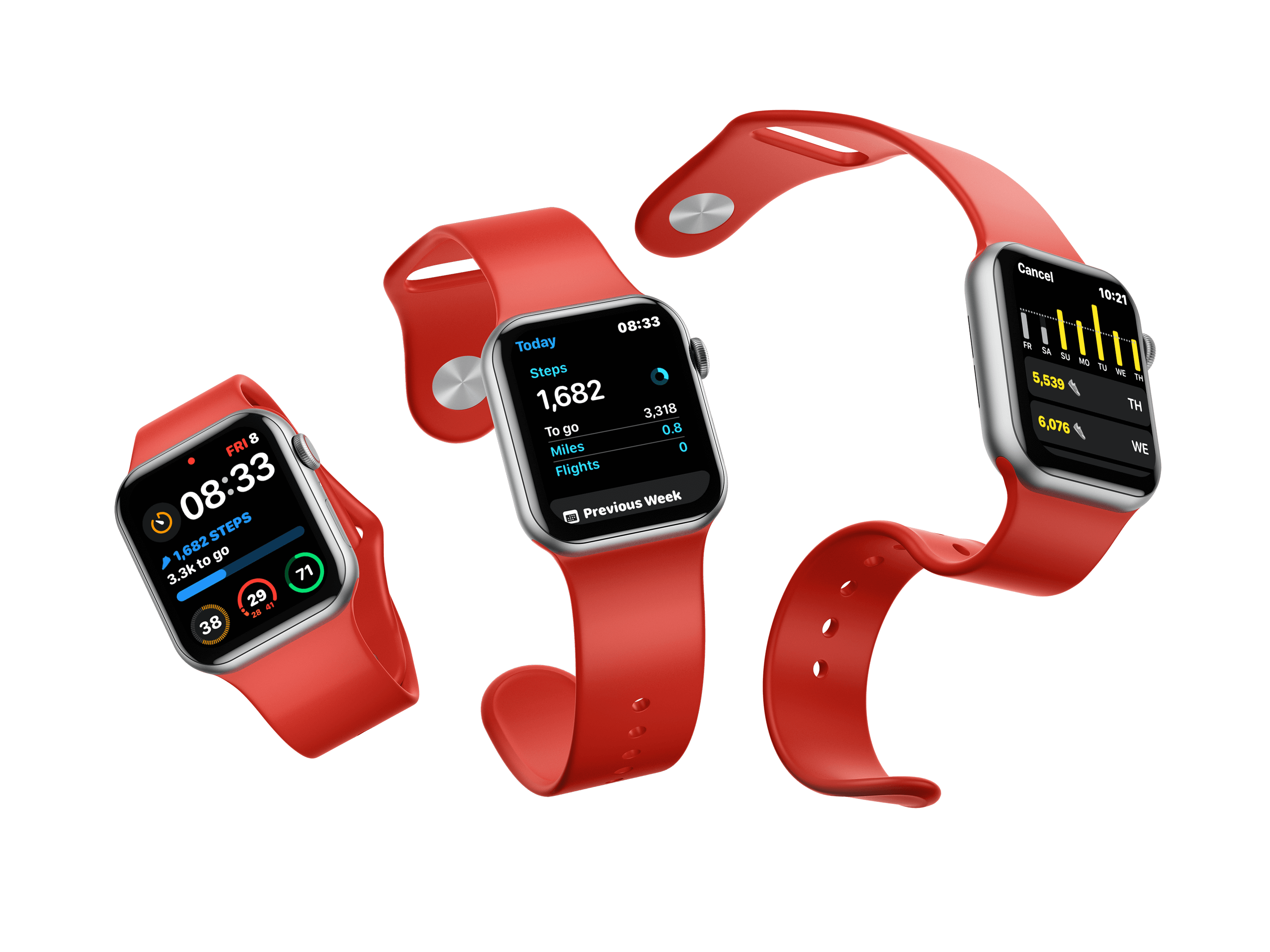 Three watchOS faces showing the face with steps, the step counter screen, and the weekly graph.