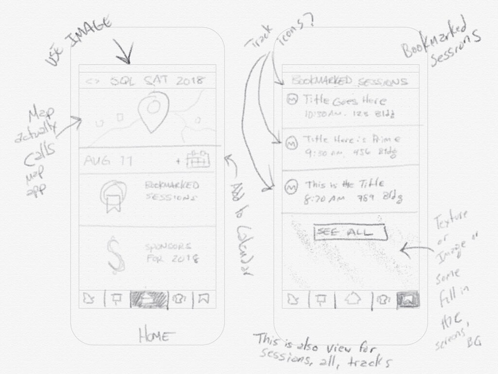 Digital hand sketch of the home screen and bookmarked sessions screen.