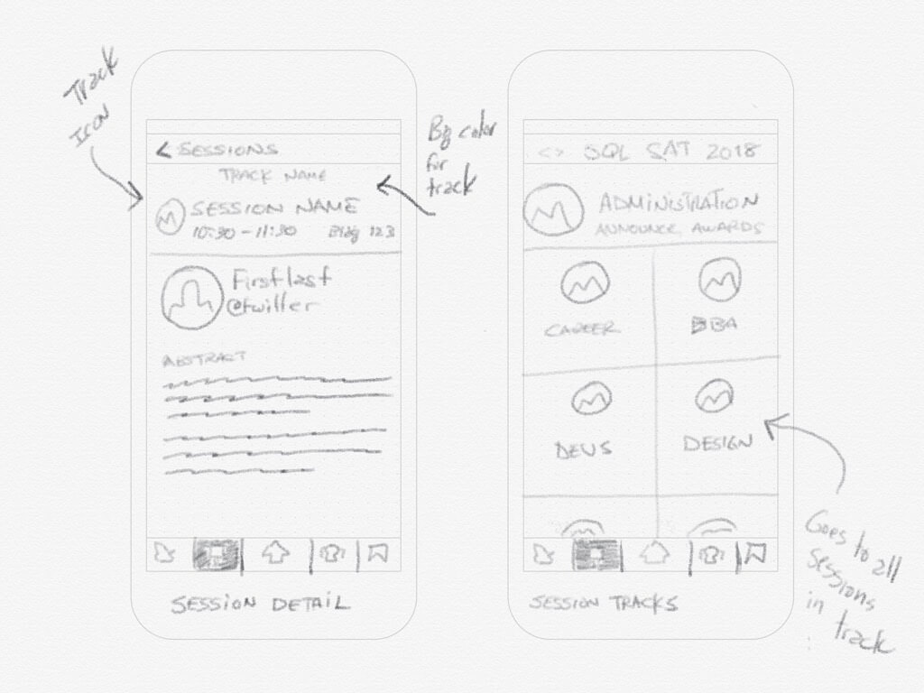 Digital hand sketch of the session details screen and the session categories screen.