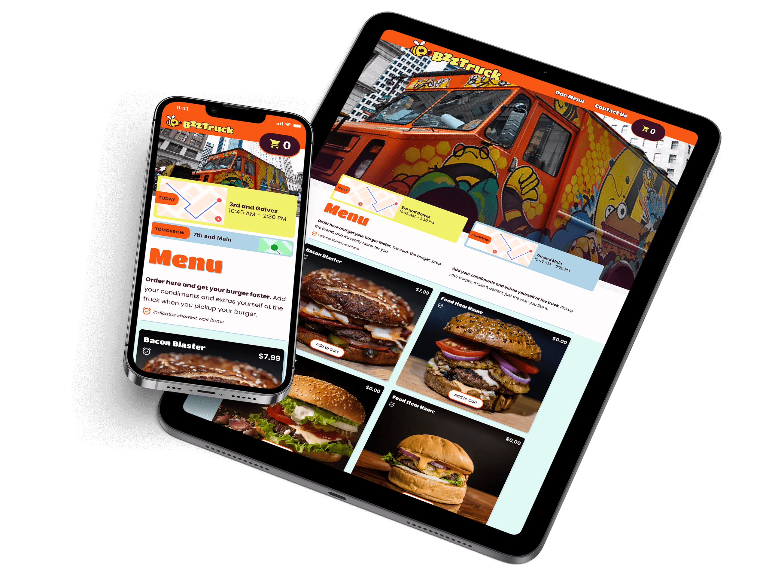 Food truck responsive web site being presented on iPads and iPhones.