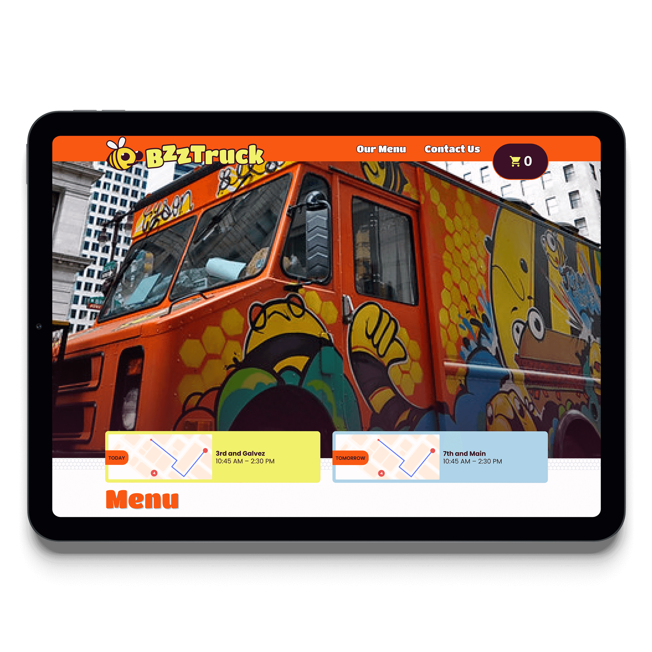 iPad showing the screen with the items in the food truck menu.