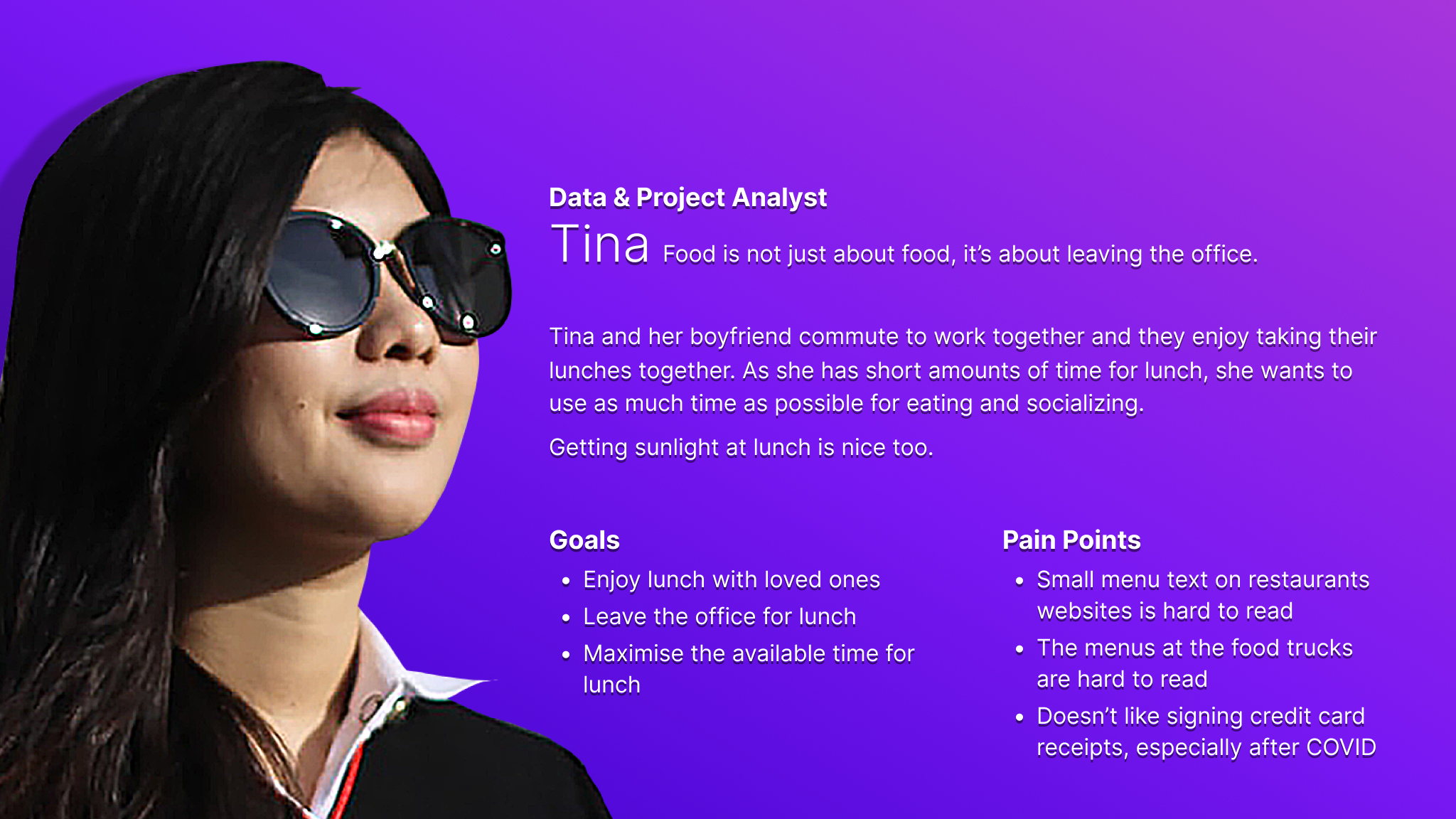 Persona card for Tina, who represents younger food truck site users and users who want a daily food experience.