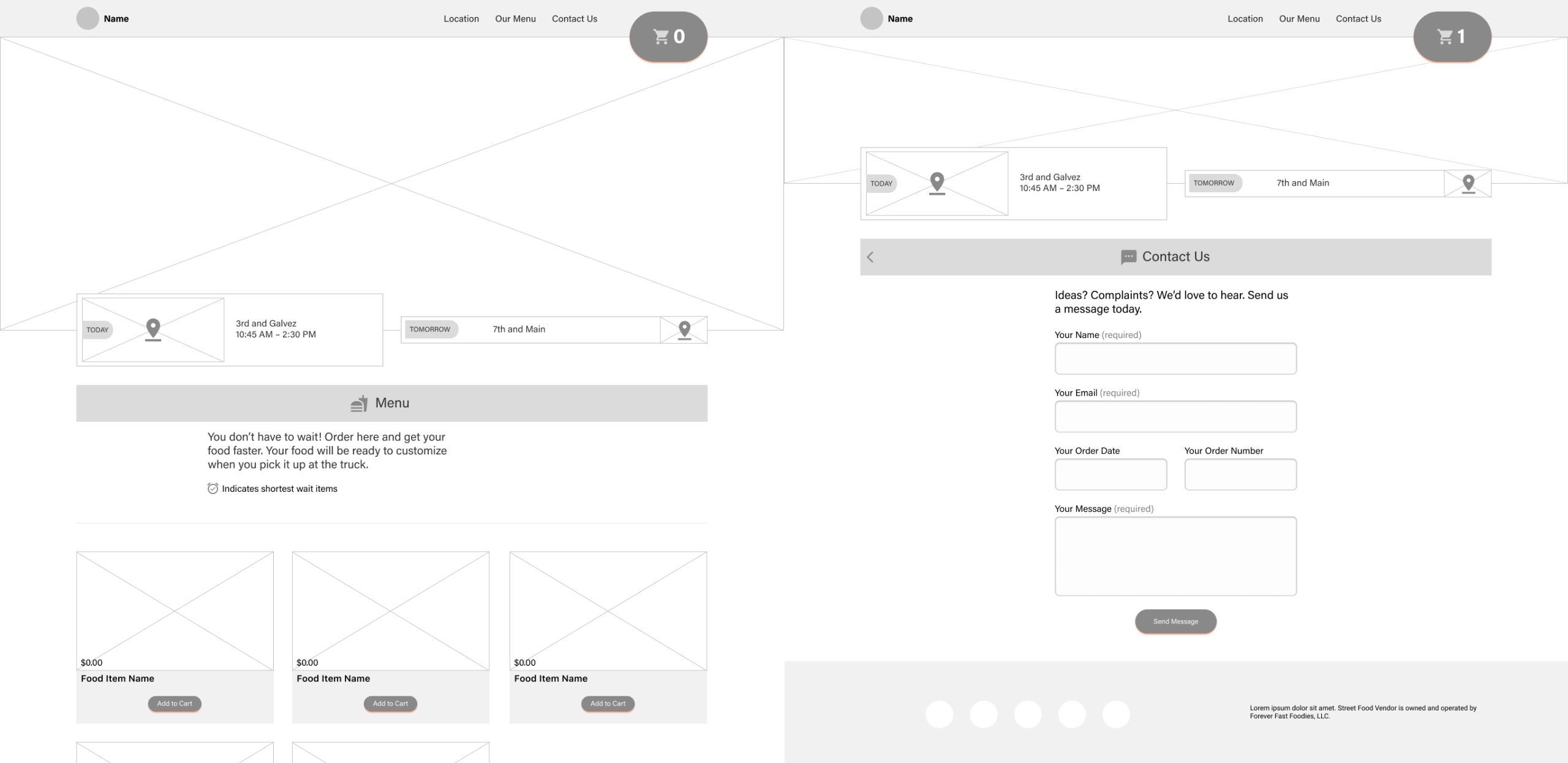 Digital wireframes for the iPad size screens for the home and contact screens.