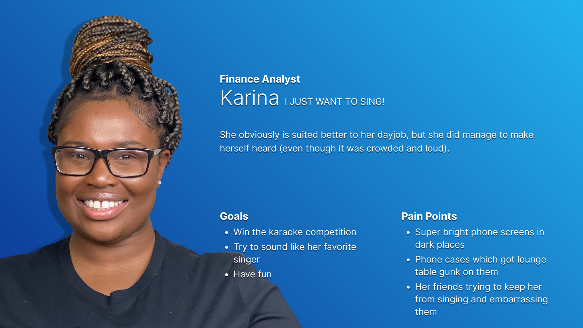 Persona card for Karina, representing younger karaoke competitors who use the karaoke competition app.