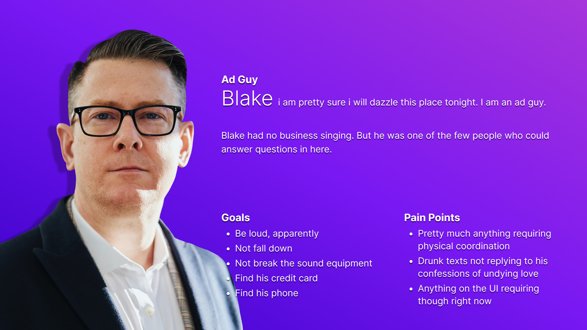 Persona card for Blake, representing older karaoke competitors who use the karaoke competition app.