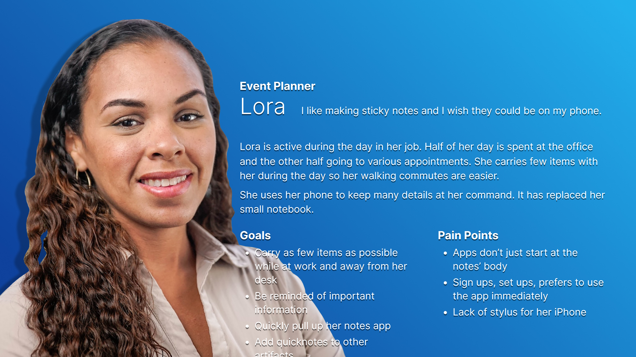 Persona card for Lora who represents users who want to take a few moments longer to create visual notes.