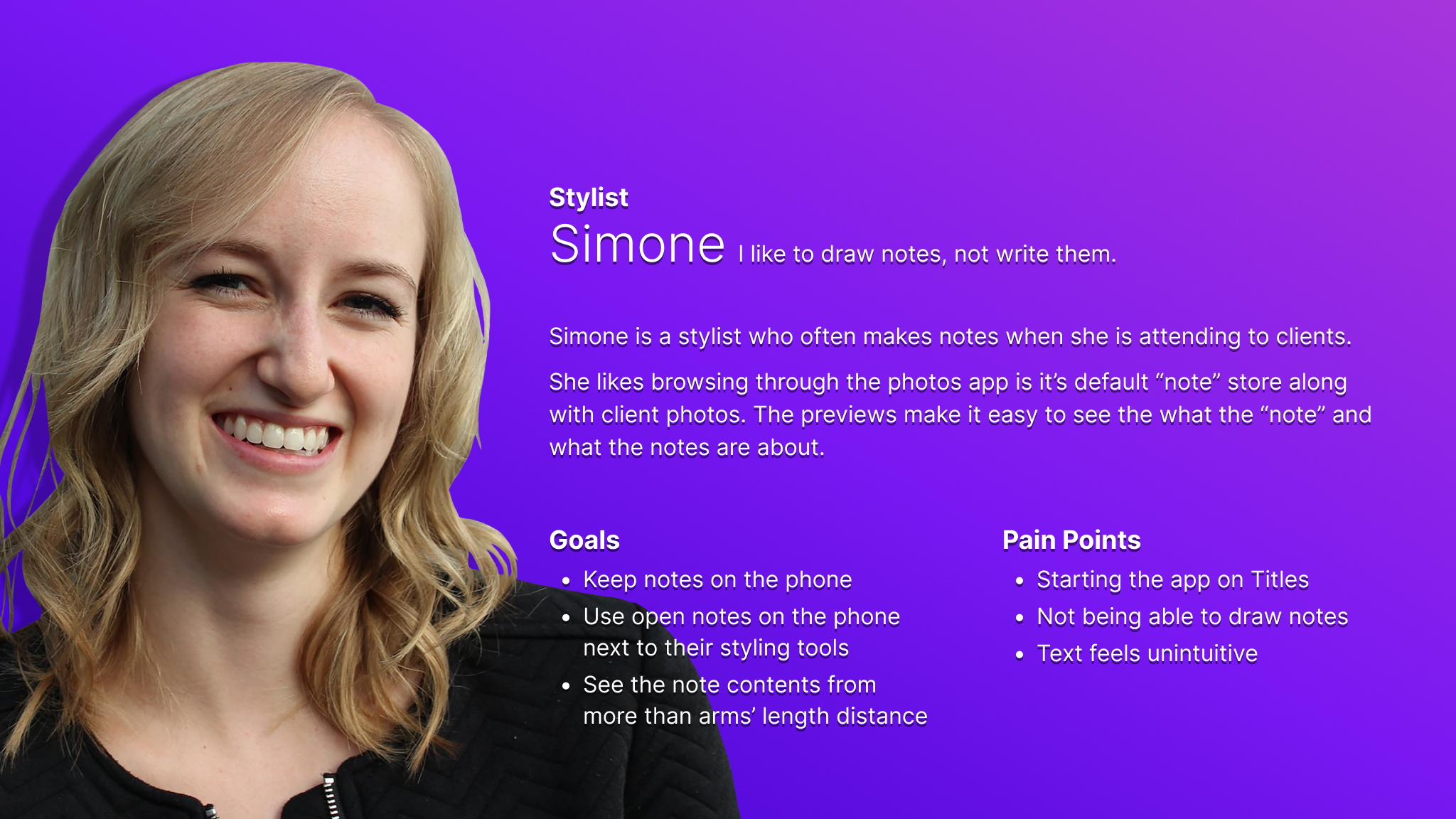 Persona card for Simone who represents users who don’t have much time to create visual notes.