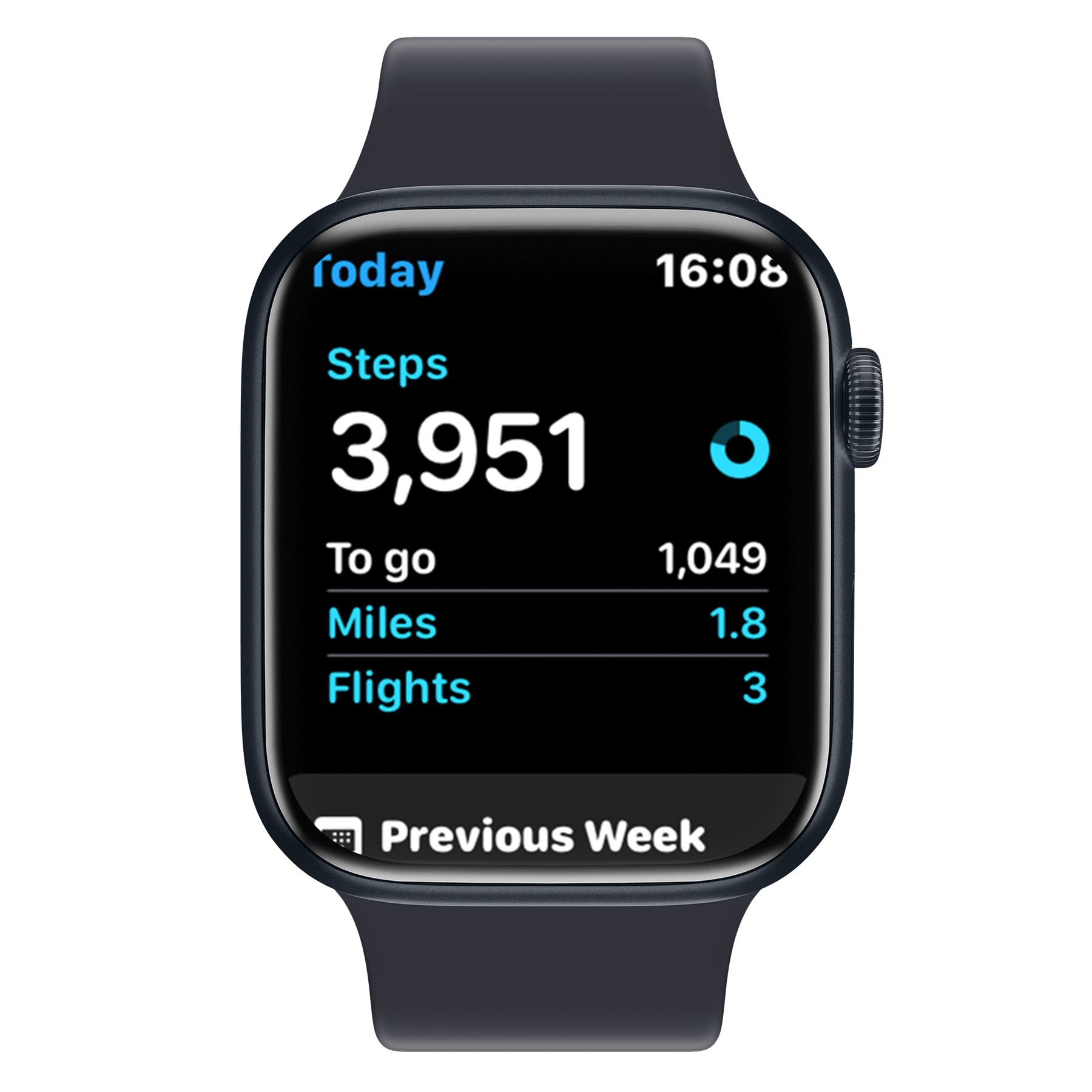 Apple watch showing a screen which shows steps walked so far, also showing the equivalents in miles and flights of stairs.