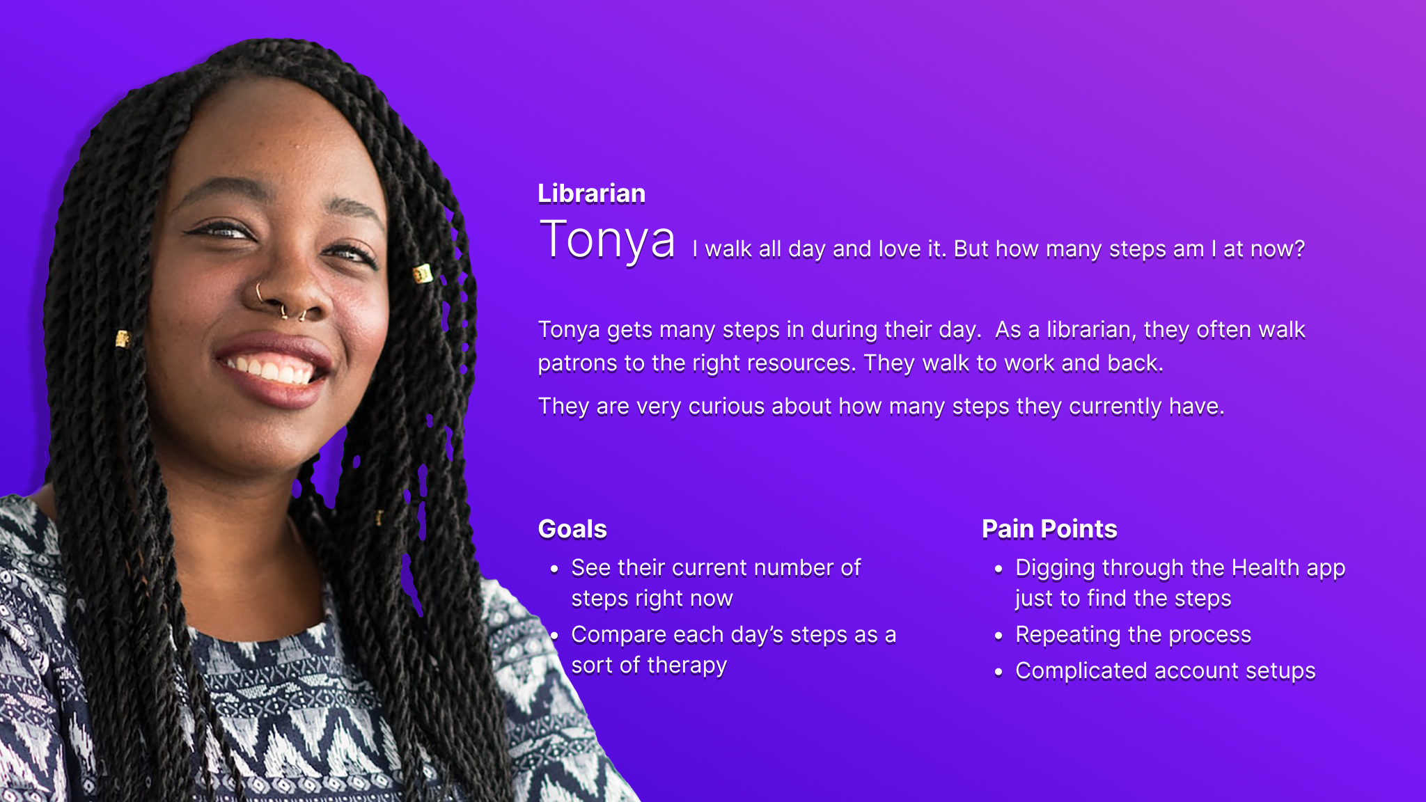 Persona card for Tonya who represents users who want easy-to-see stats on their daily step progress.
